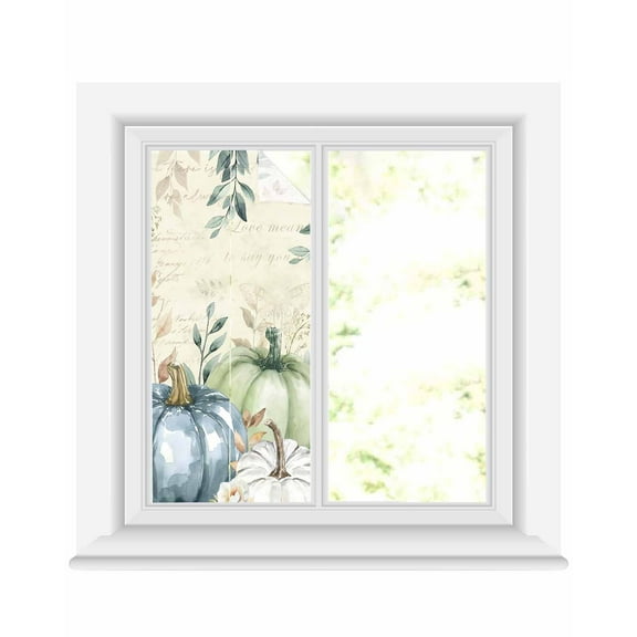 Window Privacy Film, Fall Sage Green Blue Sun Blocking Window Tint Film Heat Control One Way Blackout Window Film, Thanksgiving Pumpkins Eucalyptus Retro Beige Non Adhesive Static Cling 17.7x39.3 In