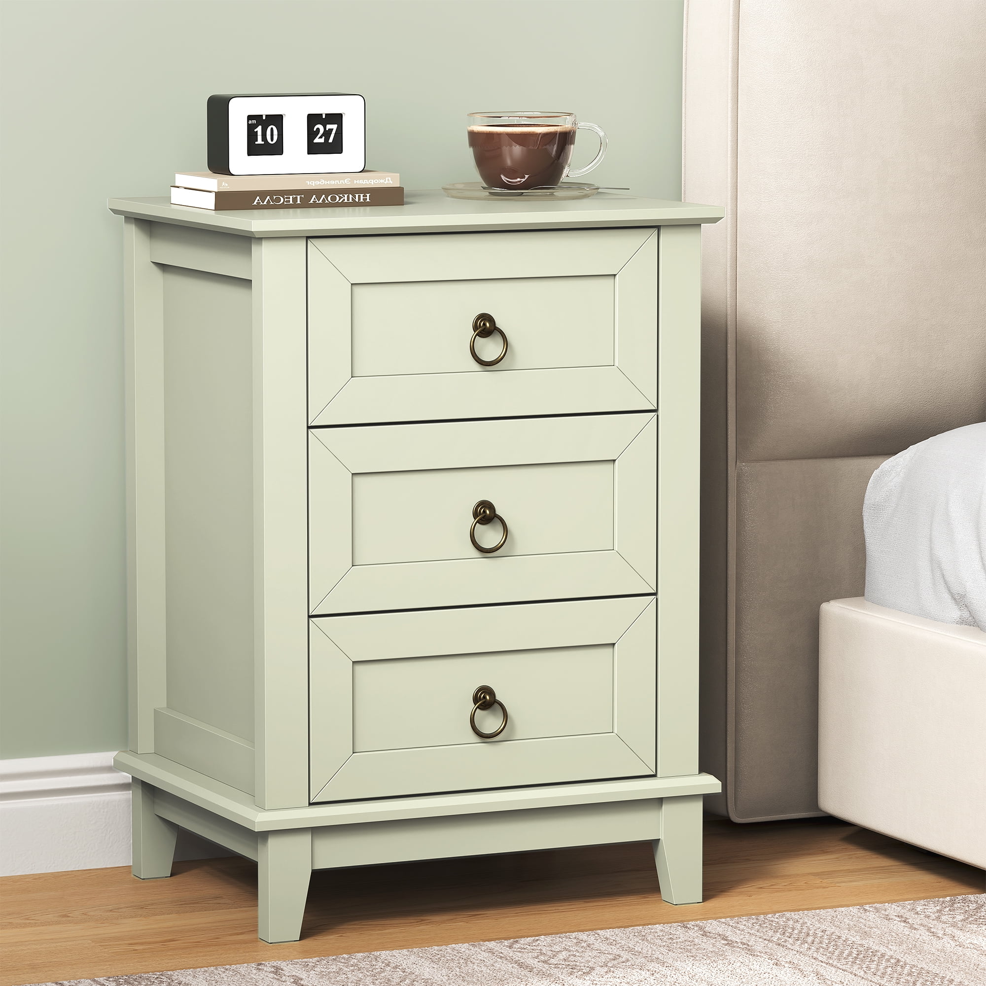 Heynemo Light Green Modern 3-Drawer Dresser: Tall Narrow Nightstand with Smooth Gliding Drawers, Sturdy Wood Bedside Table for Bedroom