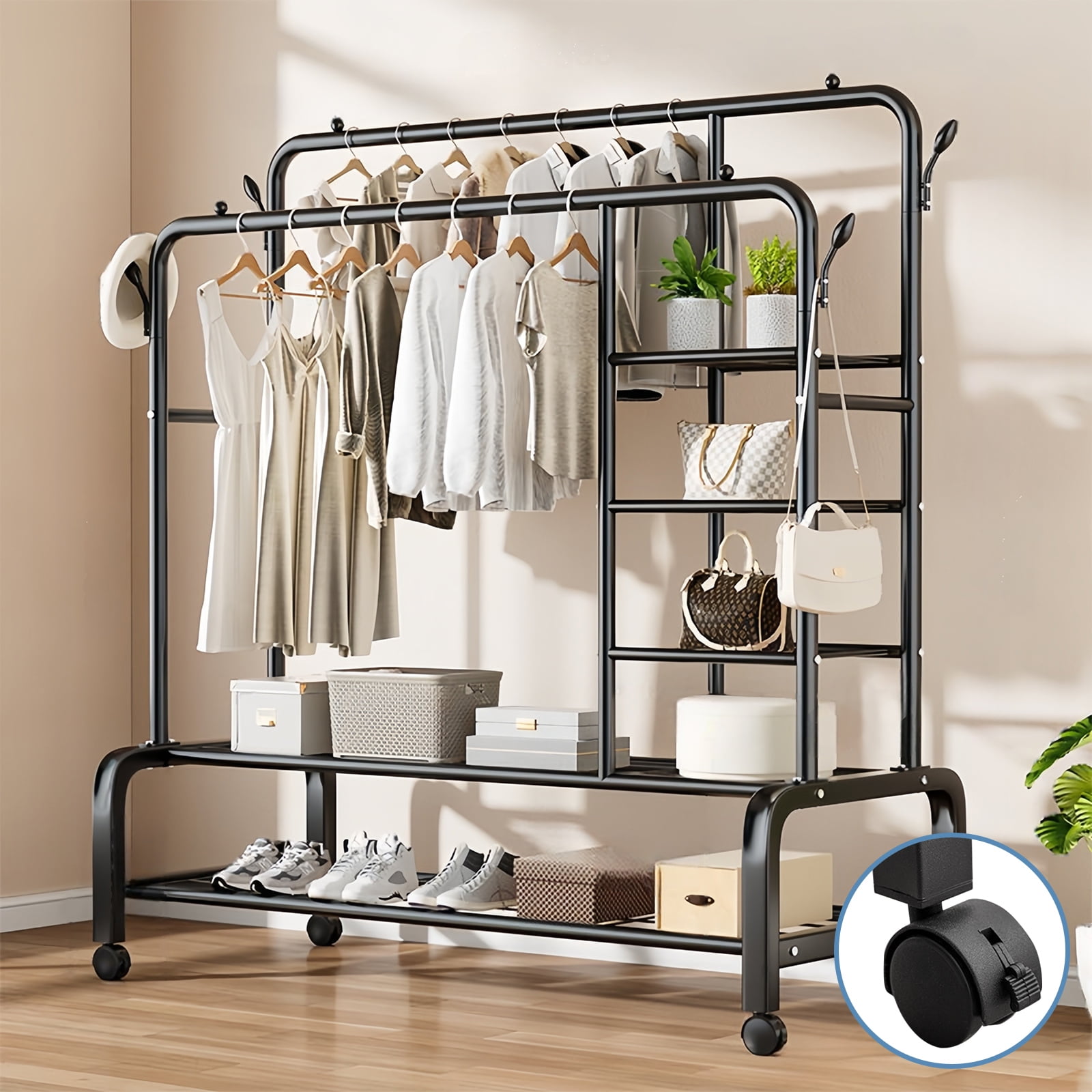 ALSO GO 3-In-1 Double Rod Clothes Rack with 4-Shelf, Metal Clothing Rack with Wheels & 4 Hooks, Portable Heavy Duty Garment Rack with Double Bottom Shelves, Freestanding Organizer  for Bedroom, Black