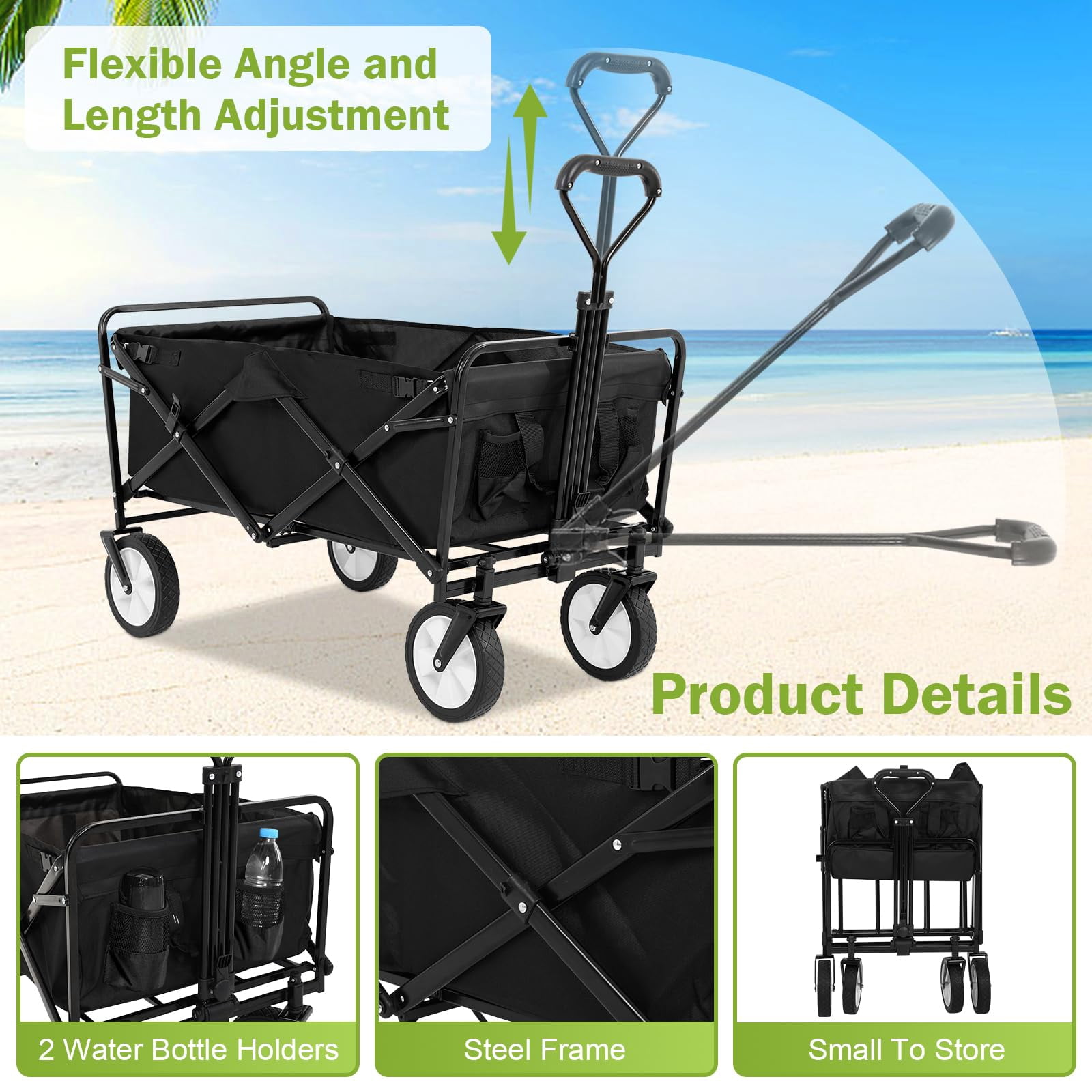 Collapsible Wagon Cart Folding Wagon Garden Cart Portable Beach Wagon with Wheels & Adjustable Handle for Garden Sport Shopping Beach Trip, Black