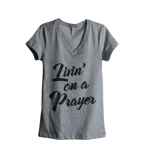 Livin' On A Prayer Women's Fashion Relaxed V-Neck T-Shirt Tee Heather Grey X-Large