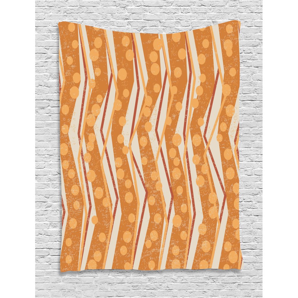 Burnt Orange Tapestry, Chevron Zigzags Pattern with Stripe and Dots