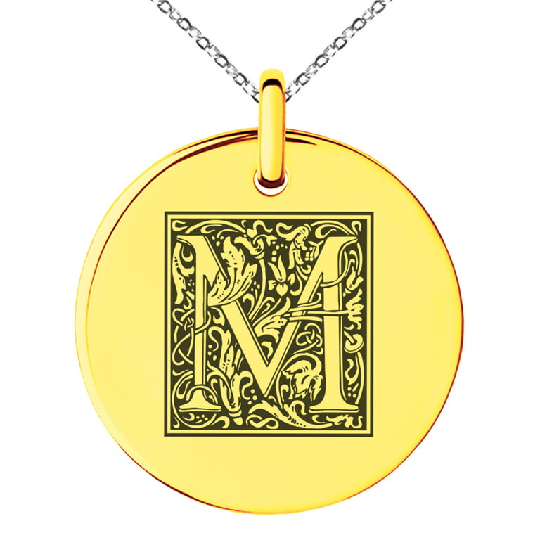 Stainless Steel Letter M Initial Floral Box Monogram Engraved Small  Medallion Circle Charm Pendant Necklace 