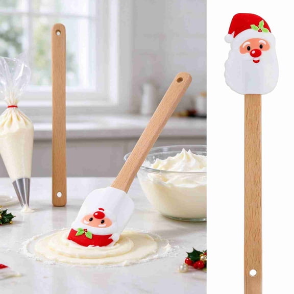 Noothes Christmas Spatula, 10 Cute Santa Pattern Silicone Baking Tool with Wooden Handle, Easy Scrape Dough Mixer, Perfect Gift for Bakers, Kitchen & Holiday Decor