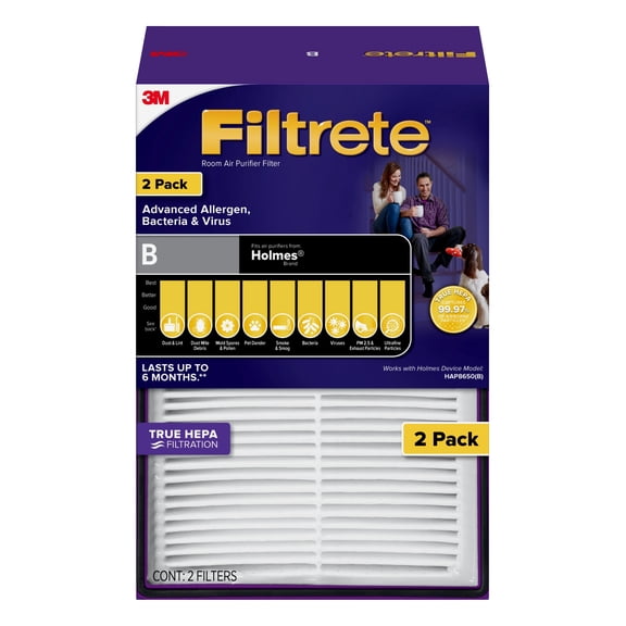 Filtrete by 3M Allergen, Bacteria & Virus True HEPA Air Purifier Filter, Replaces Size B Filters, 2 Pack