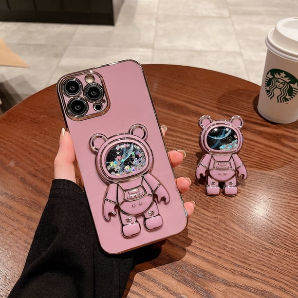 Funda de teléfono con soporte de astronauta Quicksand para iPhone 14 Pro 11 12 13 Pro Max Mini 7 8 Plus SE XR Xs Max Glitter Bear 3D Fivean unisex