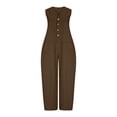thumbnail image 4 of Miluxas Ladies' Casual V-Neck Solid Sleeveless Jumpsuit – Cotton Linen Button-Down Wide Leg Jumpsuit with Pockets Casual Vacation Outfits Coffee, 4 of 6
