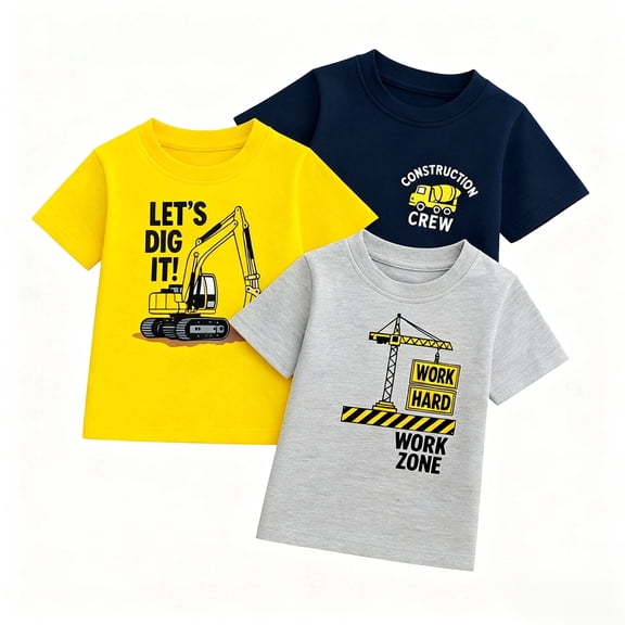 HILEELANG 2-7T Toddler/Little Boys Yellow/Grey/Navy Construction Trucks 100% Cotton T-Shirt 3-Pack, Size 5T