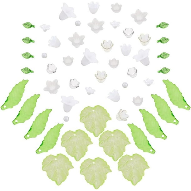 Kit de 460 piezas de cuentas acrílicas con forma de flor y hoja (7 estilos de flores y 3 estilos de hojas transparentes), incluye cuentas espaciadoras y cuentas de campana acrílicas.