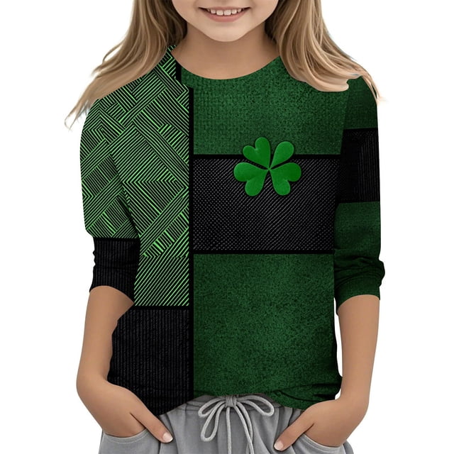 Jolis Hauts à Manches Longues pour Enfants Imprimé St. Patrick Col Rond Chandail T-Shirt Taille Moyenne Grande
