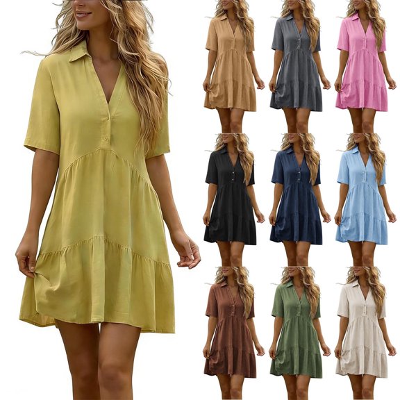 Lovzfmll Shirt Dress for Women, Collared Short Sleeve with Button, Casual Linen Mini Dress Khaki, S