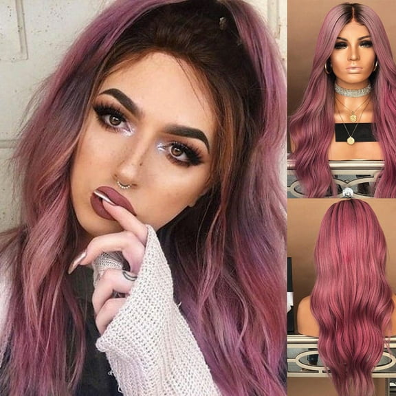 SUCS Women Long Curly Straight Wavy Synthetic Full Hair Wig Black Purple Cosplay