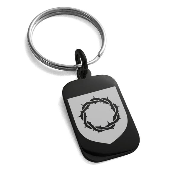 Stainless Steel Crown of Thorns Adversity Coat of Arms Shield Engraved Small Rectangle Dog Tag Charm Keychain Keyring