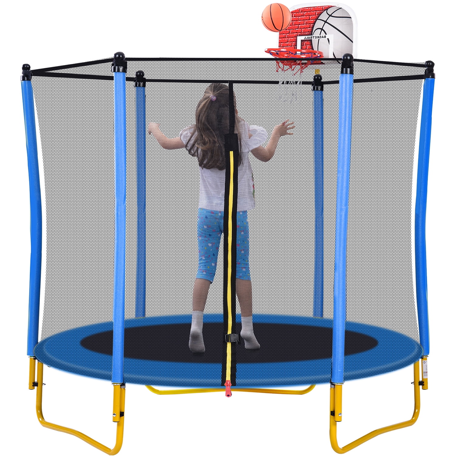 Kadyn 5.5FT Children Trampoline, Metal Mini Small Trampolines with Enclosure, Basketball Hoop and Ball Included, Indoor Outdoor Mini Trampoline for Kids, Blue