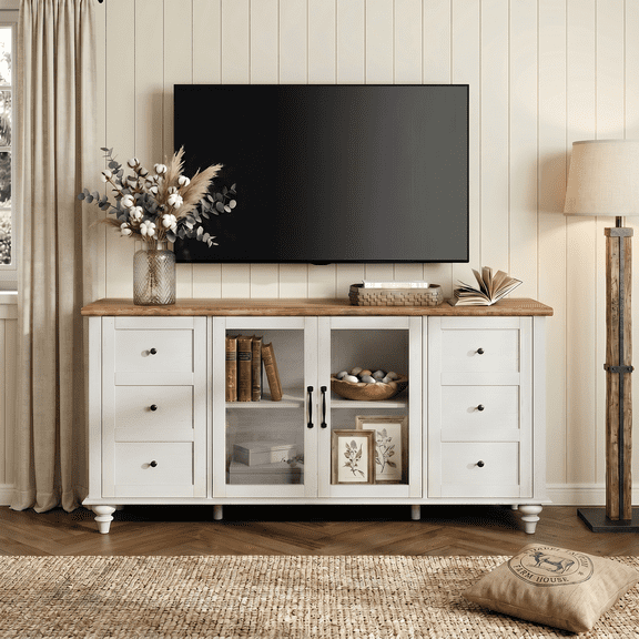 TV Stand with Glass Door for 65 Inch TV, Wooden Television Stands for Living Room, Off White