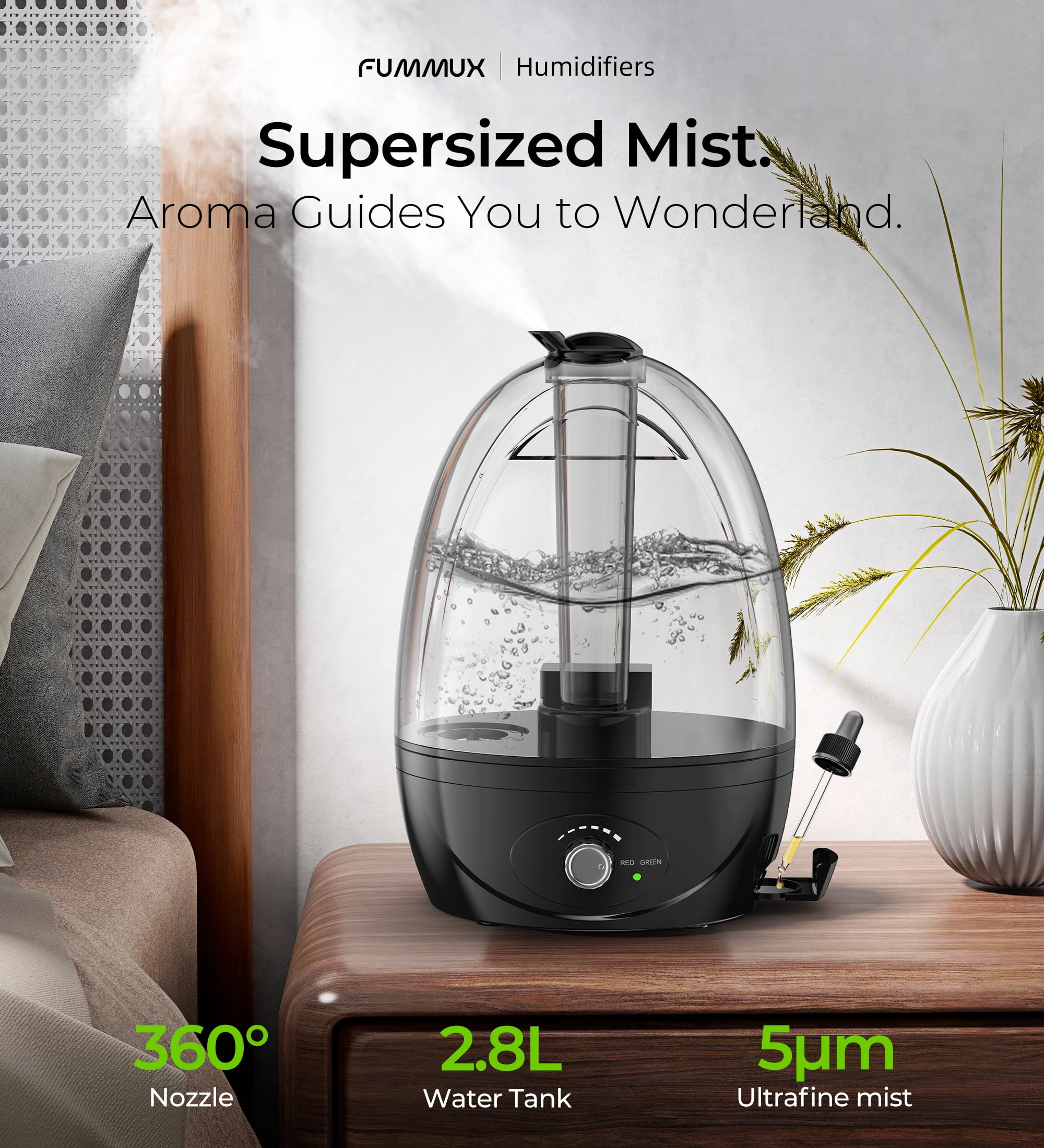 FUMMUX Cool Mist Humidifiers for Bedroom 3 L Water Tank Quiet Ultrasonic Air Vaporizer,Adjustable Mist Level,Easy to Clean, Black