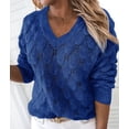 thumbnail image 5 of Women'S V Neck Hollowed Out Sweater Long Sleeve Knit Pullover Sweater Blue S, 5 of 9