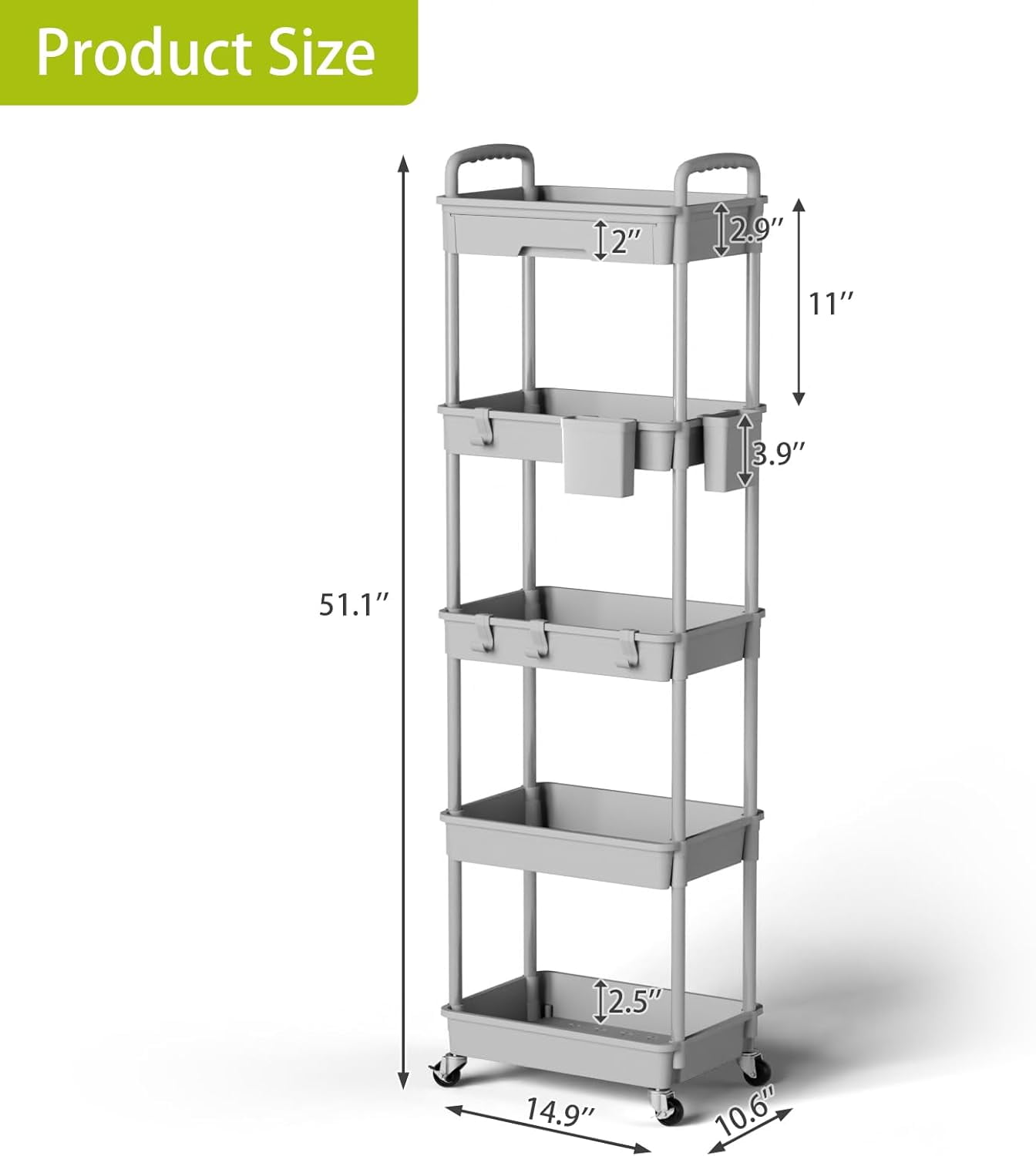 5 Tier Rolling Utility Cart, Mobile Storage Shelves with Wheels for Bathroom Laundry Office Home, Gray