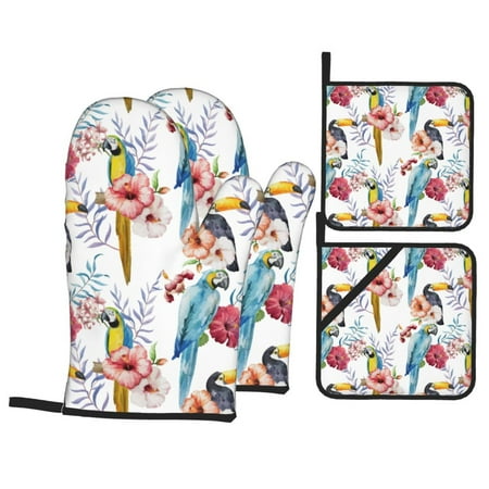

Oven Mitts and Pot Holders Sets 4 pcs - Cute Parrot Toucan Flower Heat Resistant Silicone Oven Gloves with Non-Slip Silicone Surface and hot pads for kitchen Baking Cooking BBQ