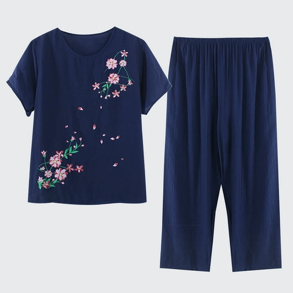 zanvin Women's Cute Sleepwear Tops with Pants Pajama Sets Short Sleeve Cotton Pjs Sets,Navy,XL