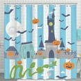 thumbnail image 1 of Whimsical Halloween Shower Curtain - Light Blue with Castle & Pumpkins, 1 of 4
