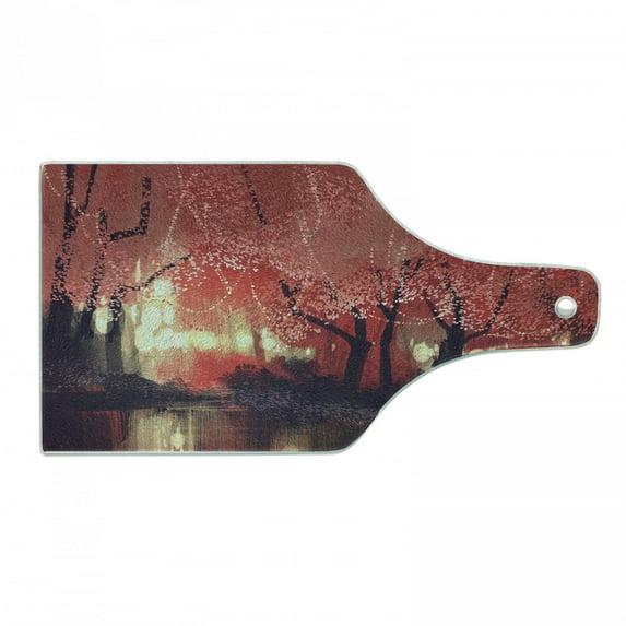 Nature Cutting Board, Enchanted Mist Forest with Shady Autumn Trees at Night Paint Art, Decorative Tempered Glass Cutting and Serving Board, Wine Bottle Shape, Brown and Ruby, by Ambesonne