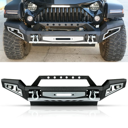 BoardRoad Front Bumper w/ Winch Plate LED Light D-Rings Fit for 2007-2018 Jeep Wrangler JK