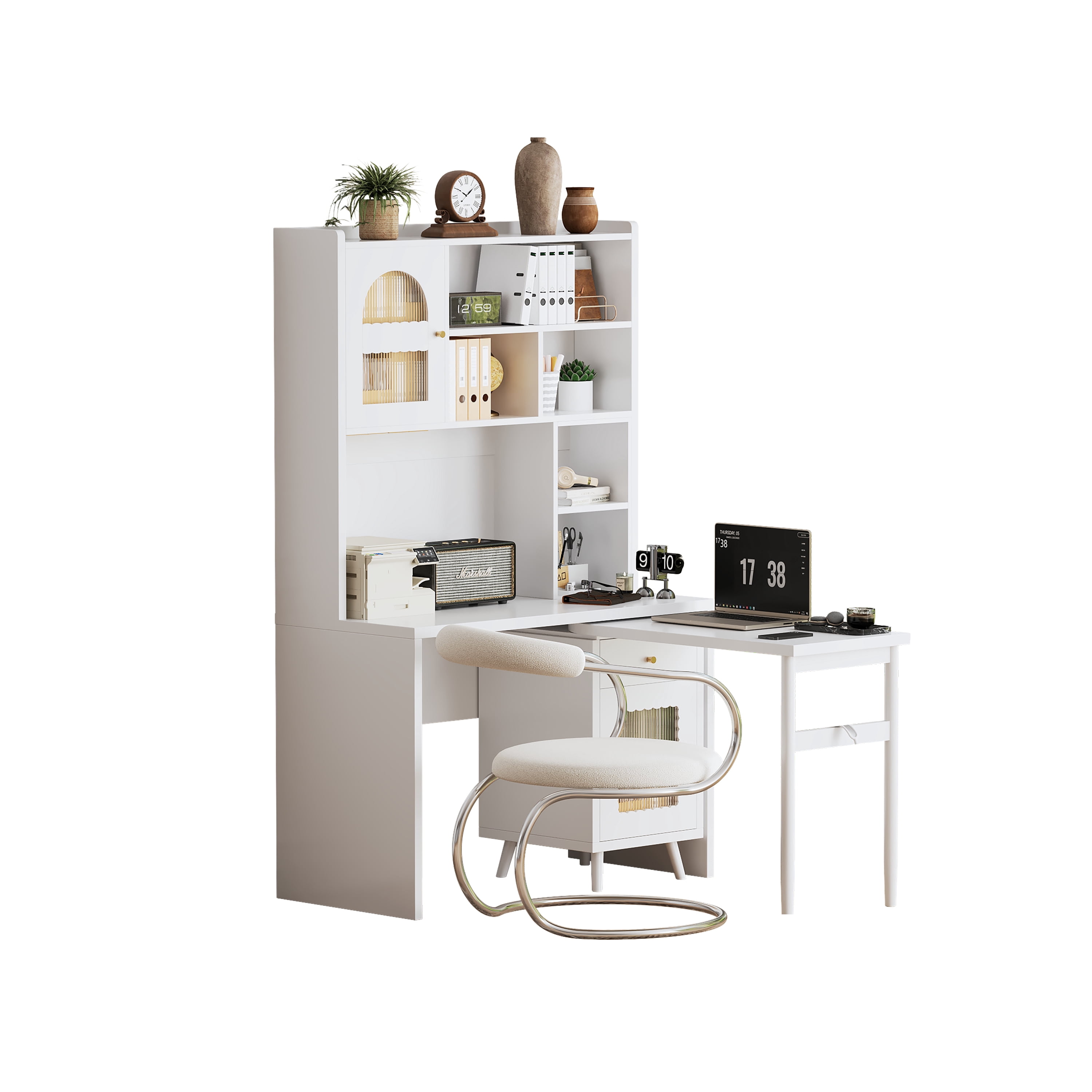 Aukfa Computer Desk with Hutch,LShape Office Desk Gaming Desk, Rotating Desktop,Storage Cabinets for Home Office Bedroom,White