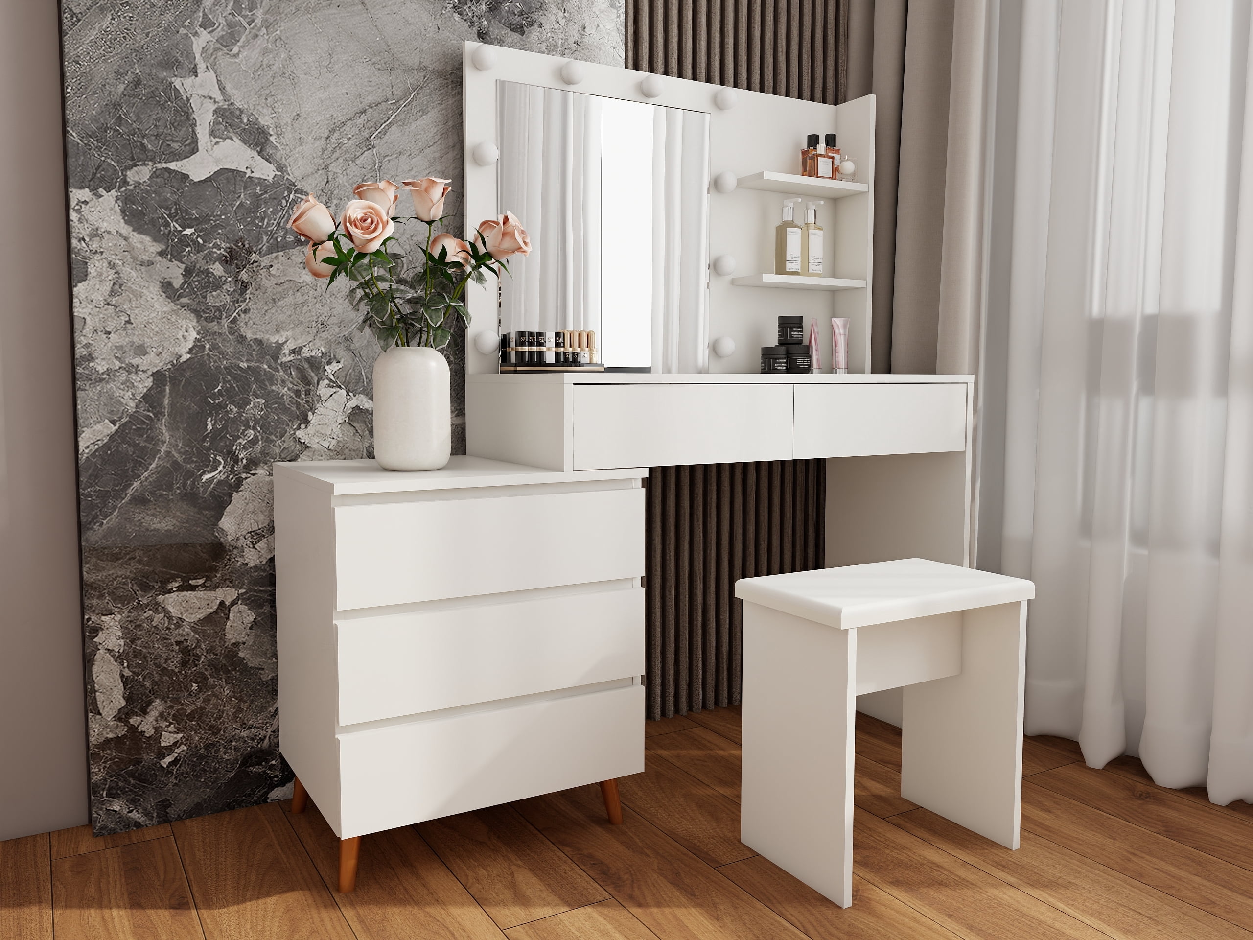 LED Makeup Vanity Table with Mirror, Storage Drawers, Matching Stool and Organizer Compartments, White Beauty Station for Bedroom, 55.1"x15.7"x53.1"