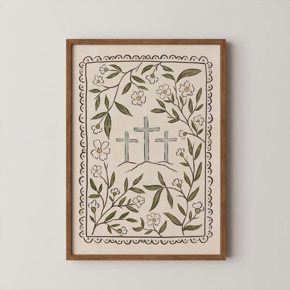 DailyMood Vintage Folk Art Floral Cross Easter Christian Wall Art Poster Frameless