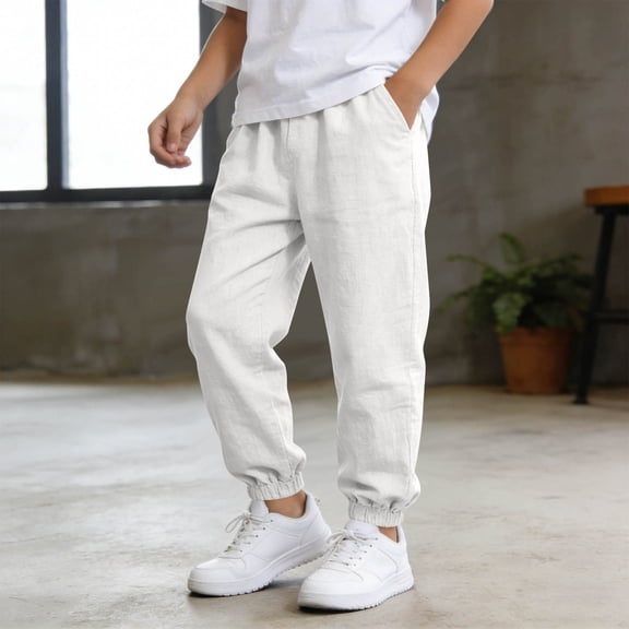 Yijfswar Boys Cargo Pants Elastic Waist Kids Joggers School Pants Casual Linen Trousers with Pockets