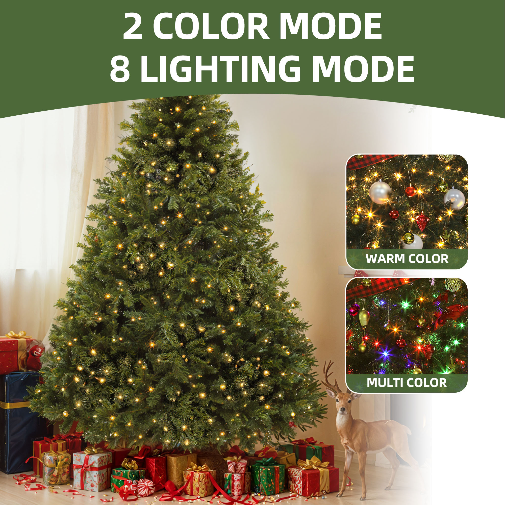 Uforic 7.5ft Pre-lit Hinged Spruce Artificial Christmas Tree with 1450 Branch Tips & 550 Lights, Remote Control, 11 Light Modes, Green