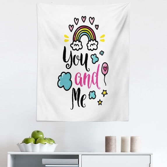 Inspirational Tapestry, You and Me Words with Rainbow Clouds and Hearts Love Romance Doodle Print, Fabric Wall Hanging Decor for Bedroom Living Room Dorm, 5 Sizes, Multicolor, by Ambesonne