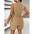 thumbnail image 5 of Women'S Summer 2 Piece Outfits Sleeveless Matching Sets Button Down V Neck Vest Waistcoat and Pockets Shorts Khaki S, 5 of 7