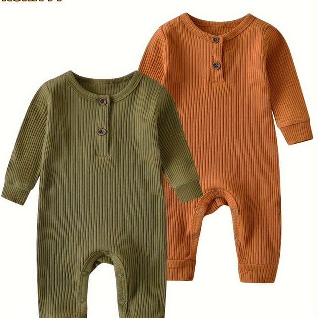 Chok 2 Pcs KuKitty Long Sleeve Solid Color Romper - Baby Boy Girl One Piece Jumpsuit Outfits with Ribbed Design for Comfortable Clothing