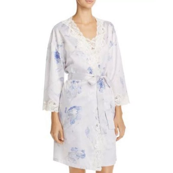 Lauren Ralph Lauren Women's Kimono Satin Lace Short Robe Wrap Blue Floral