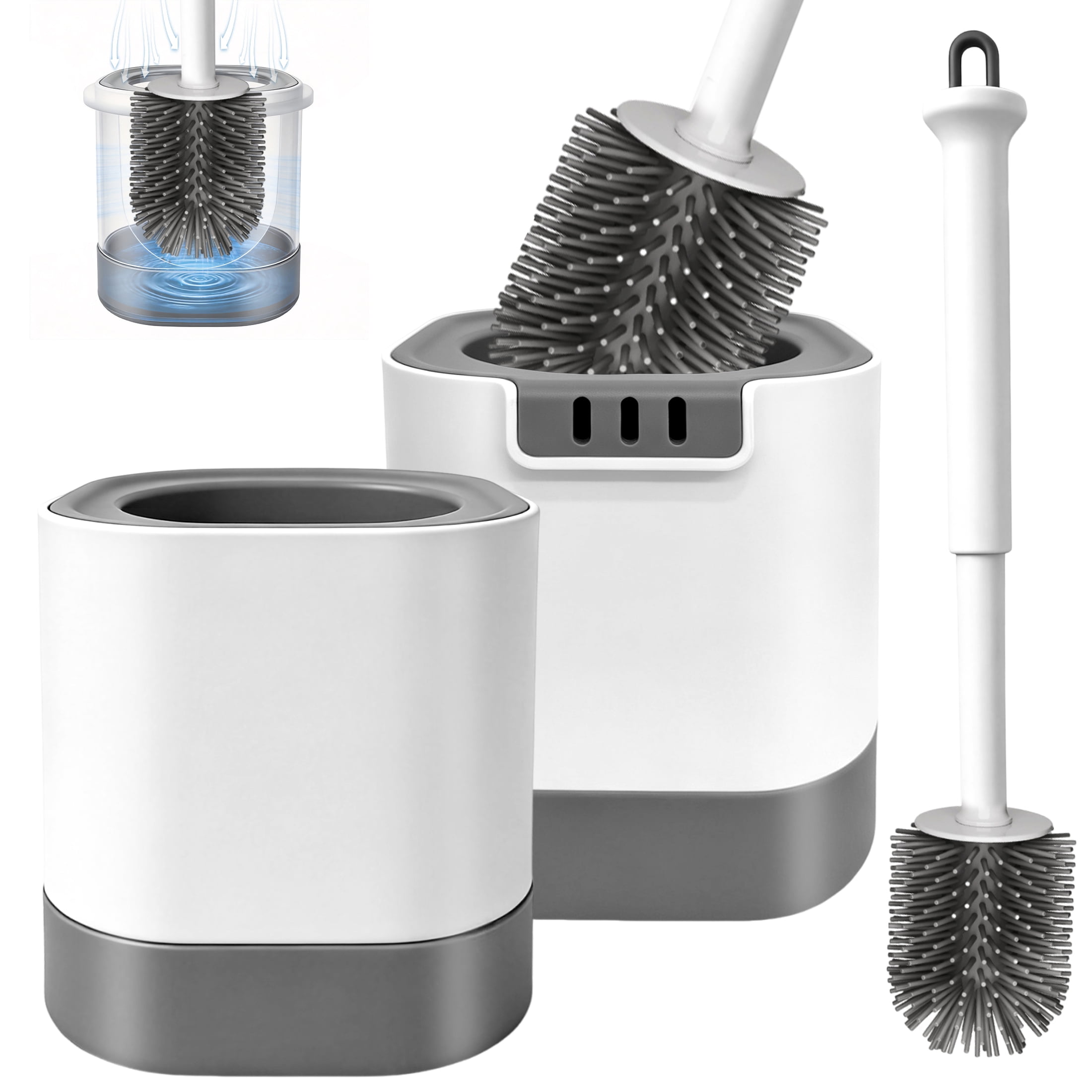 Silicone Toilet Brush with Holder Set, 2-in-1 Bathroom Cleaning Brush with Hidden Tweezer, Deep Cleaning for Toilets, Sinks and Bathtubs, 2 Pack