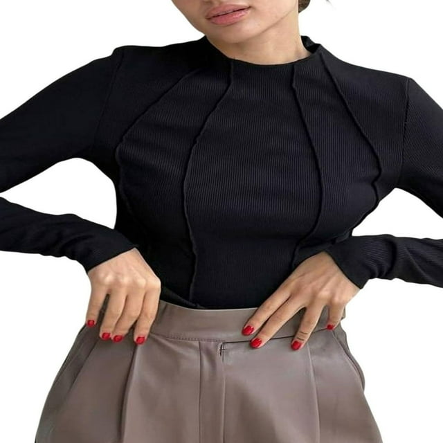 Women Spring Autumn Slim Tops Solid Color Long Sleeve Half High Neck Ribbed Blouse