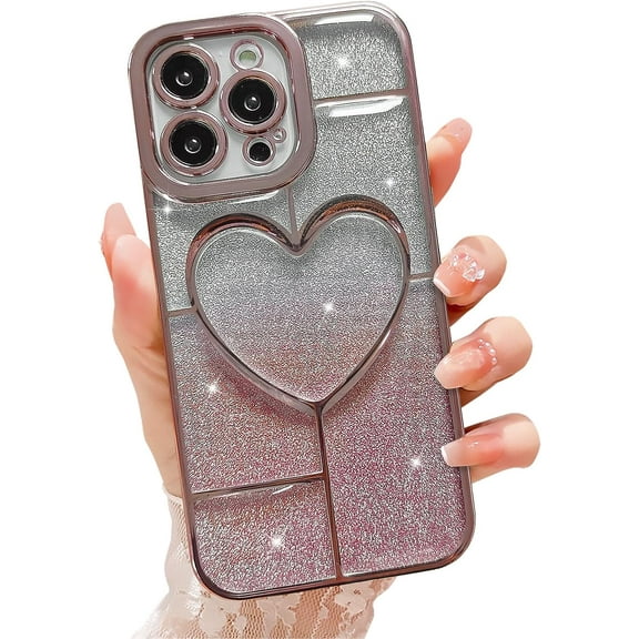 Compatible with iPhone 14 Pro Max Case Luxury Shiny Plating Cute 3D Love Heart Pattern Glitter Cover Shockproof Camera Protection Bling Case for iPhone 14 Pro Max Women Girls-Pink