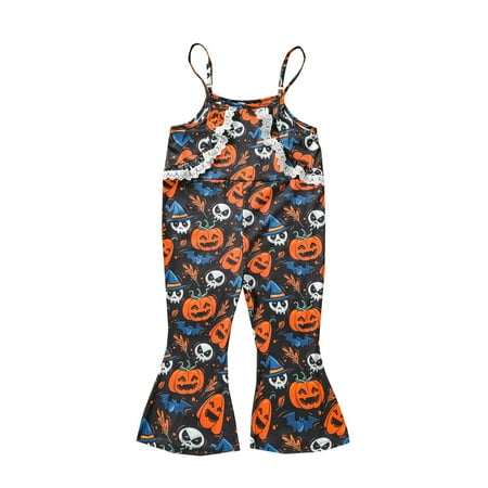 

Meihuida Halloween Flared Overalls Pumpkin Print Boat Neck Lace Trim Jumpsuit