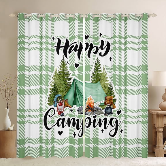 Homewish Teens Happy Camping Black Out Curtains,Adventure Theme Curtains Pack of 2 (42x63 Each),Geometric Plaid Grid Bedroom Curtains,Luxury Bedroom Decor