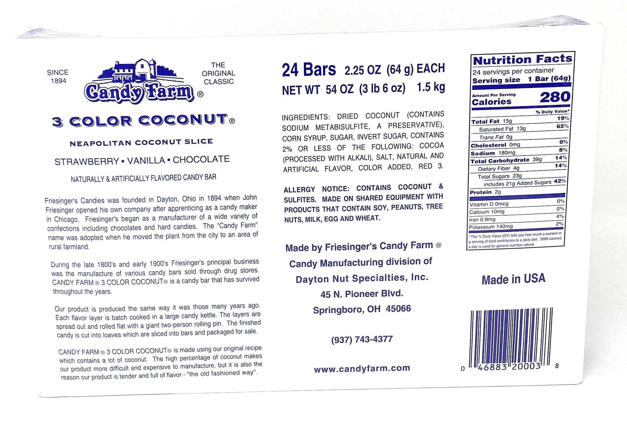 Neapolitan Coconut Slice Candy Bars 1.65 oz - 24 Pack - Classic Tri-Colored Coconut Candy with Strawberry, Vanilla, and Chocolate Flavors