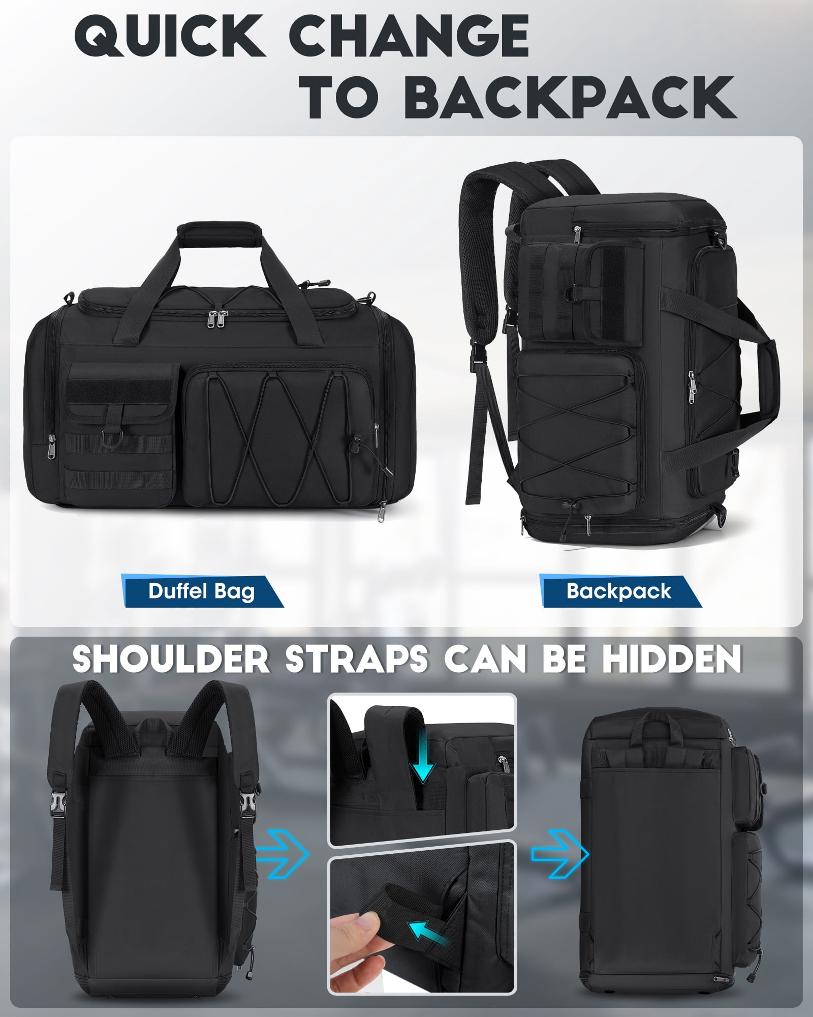 Gym Bag for Men 45L Sports Duffel Bags 3-in-1 Travel Duffel Bag with Shoe Compartment,Gym Workout Backpack Weekender Bag Overnight Bag for Travel, Black