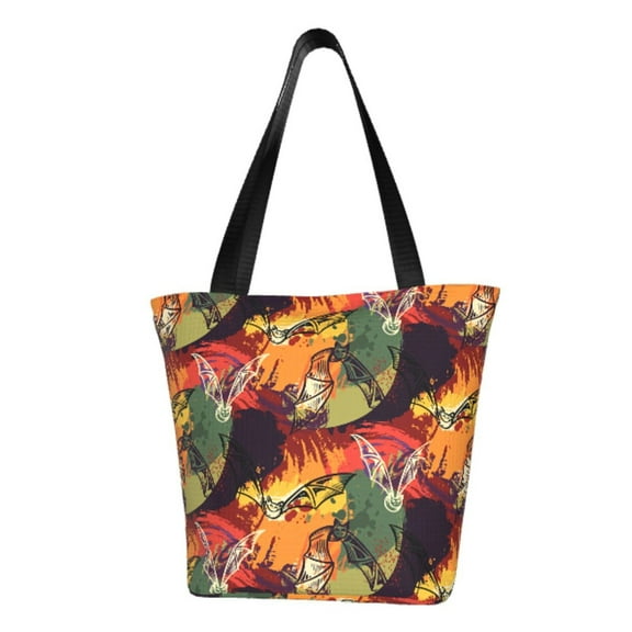 TEQUAN Reusable Shoulder Tote Bags, Halloween Evil Bat Moon Prints Polyester Casual Shopping Grocery Bag for Women