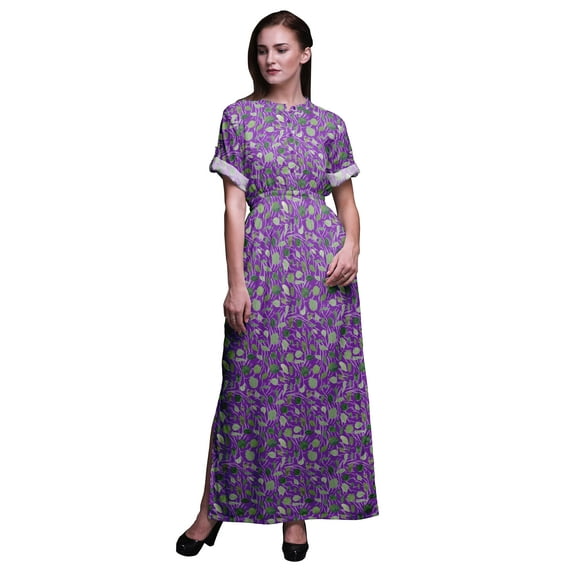 Bimba Rayon Cabbage Leaves Smocked Waist Printed Gown Maxi Side Slit Ladies Dress-XXX-Large