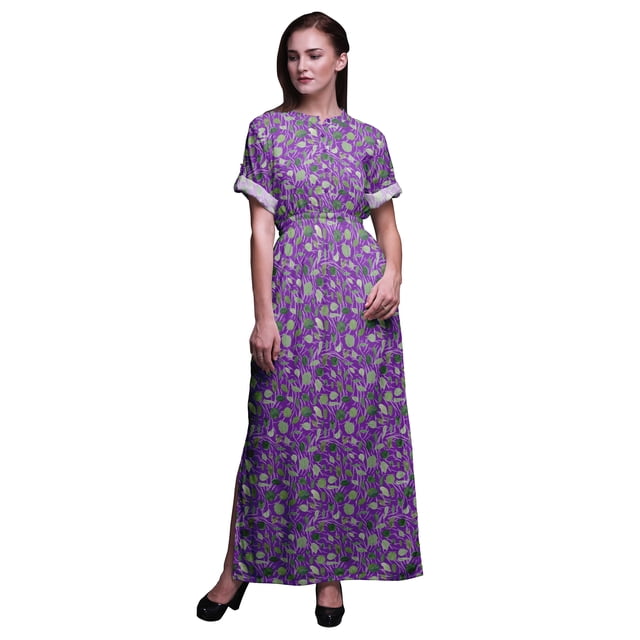 Bimba Rayon Cabbage Leaves Womens Printed Side Slit SummerDressLong Maxi Gown-Small