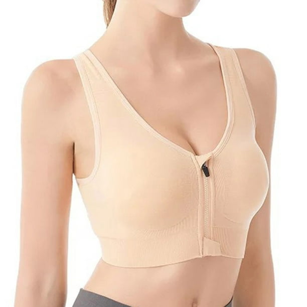 Flywake Bras for Women Plus Size Wirefree Sport Bra Post-Surgery Bra Zipper Front  Closure Brassiere Solid Underwire Breathable Underwear 