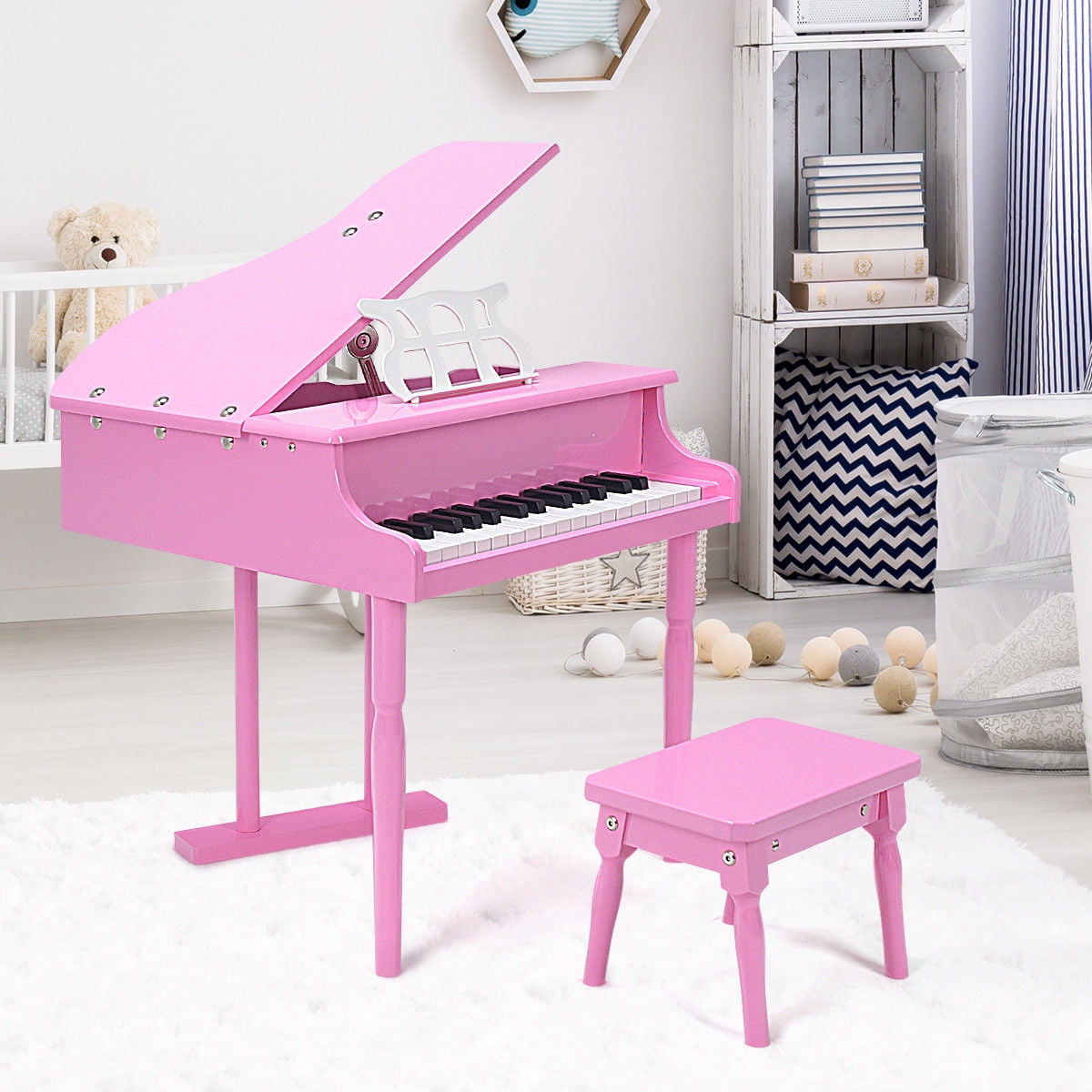 30 Keys Wooden Kids Grand Piano W/ Bench Children's Musicality Development Pink