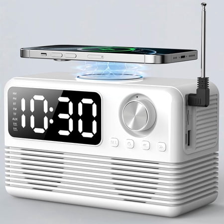 4 in1 Wireless Charging Station with Clock, FM Radio, Bluetooth Speaker, 15W Fast Wireless Charger for i Phone, Android Phones, Clock Radio for Bedroom Easy to Use for Seniors and Kids as Gift
