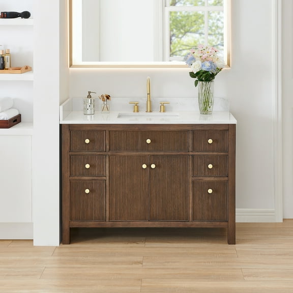 Cerrito 48" Wood Vanity in Brown Brushed Oak Engineered Stone Top no Mirror